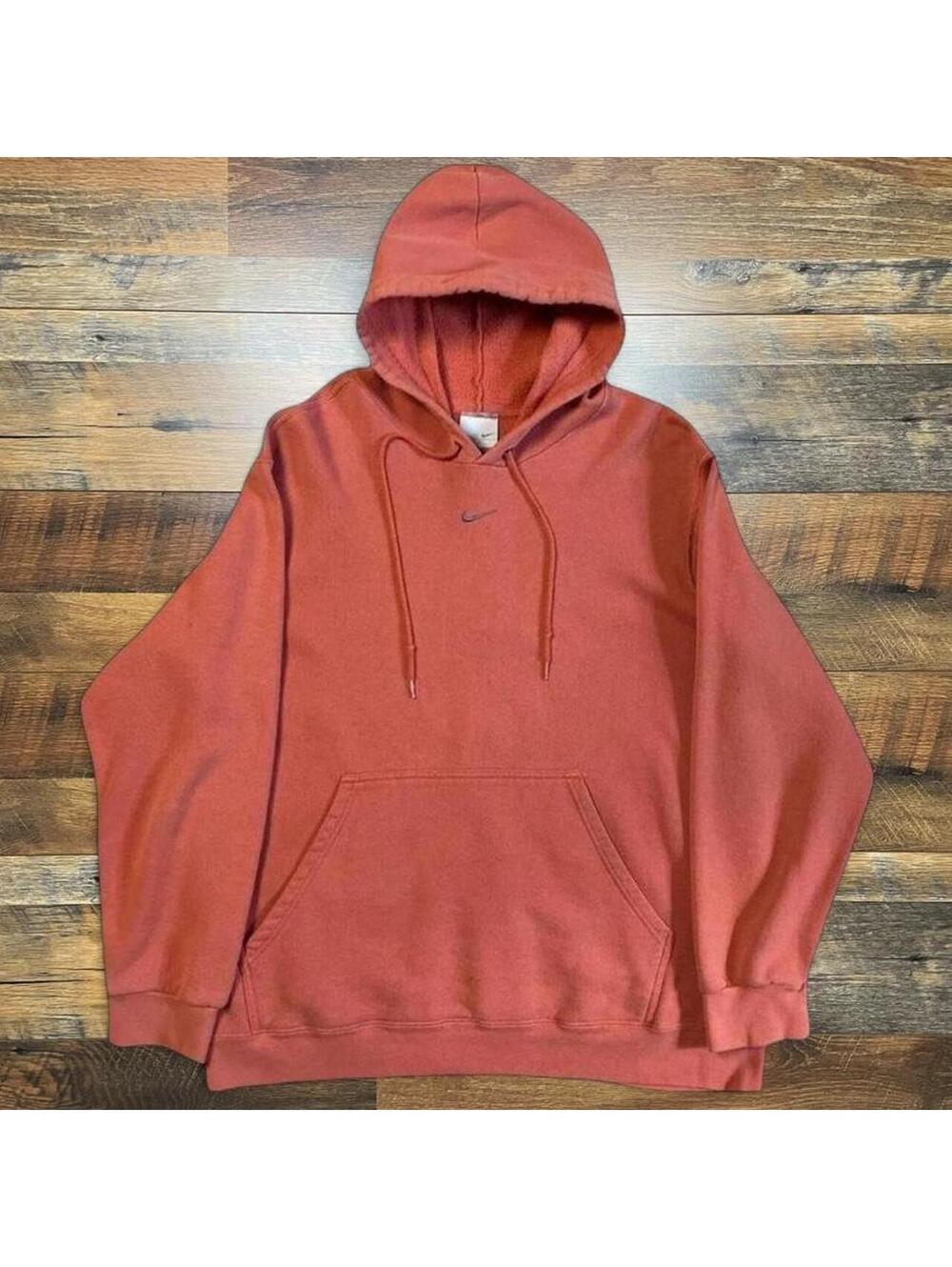 Vintage Rare Nike Center Swoosh Orange Hoodie Pullover Silver Check Size L.
